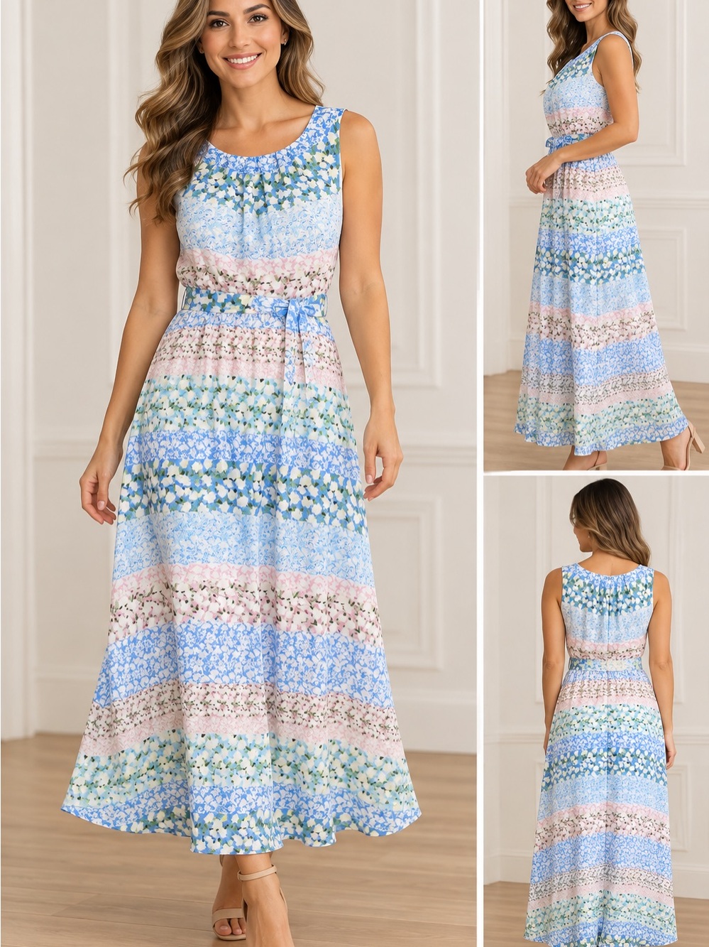 NY Collection Floral Print Sleeveless Maxi Dress with Belt - New